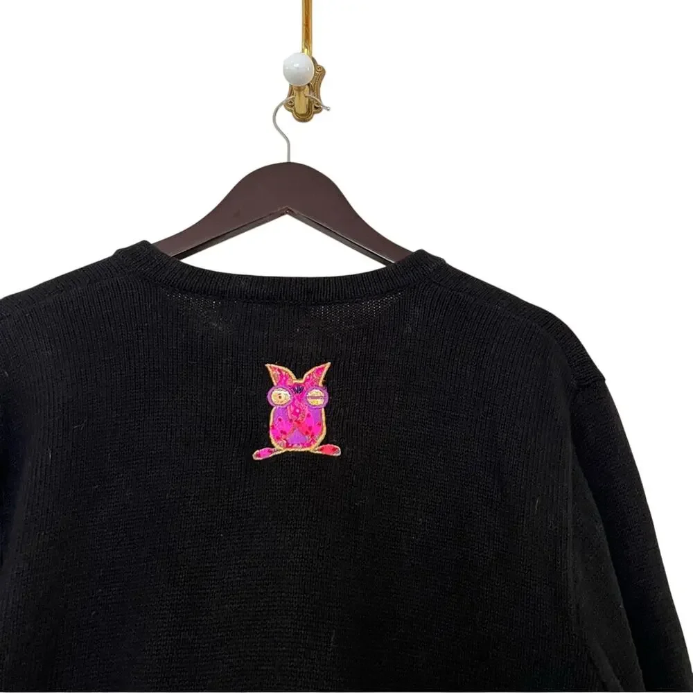 Jack B. Quick Y2k Beaded Owl Embroidered Abstract Knit Cardigan Sweater